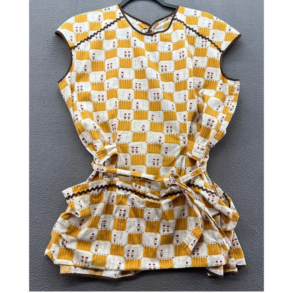 Vintage Yellow Novelty Print Wrap Apron Smock Pockets Rickrack Trim Handmade